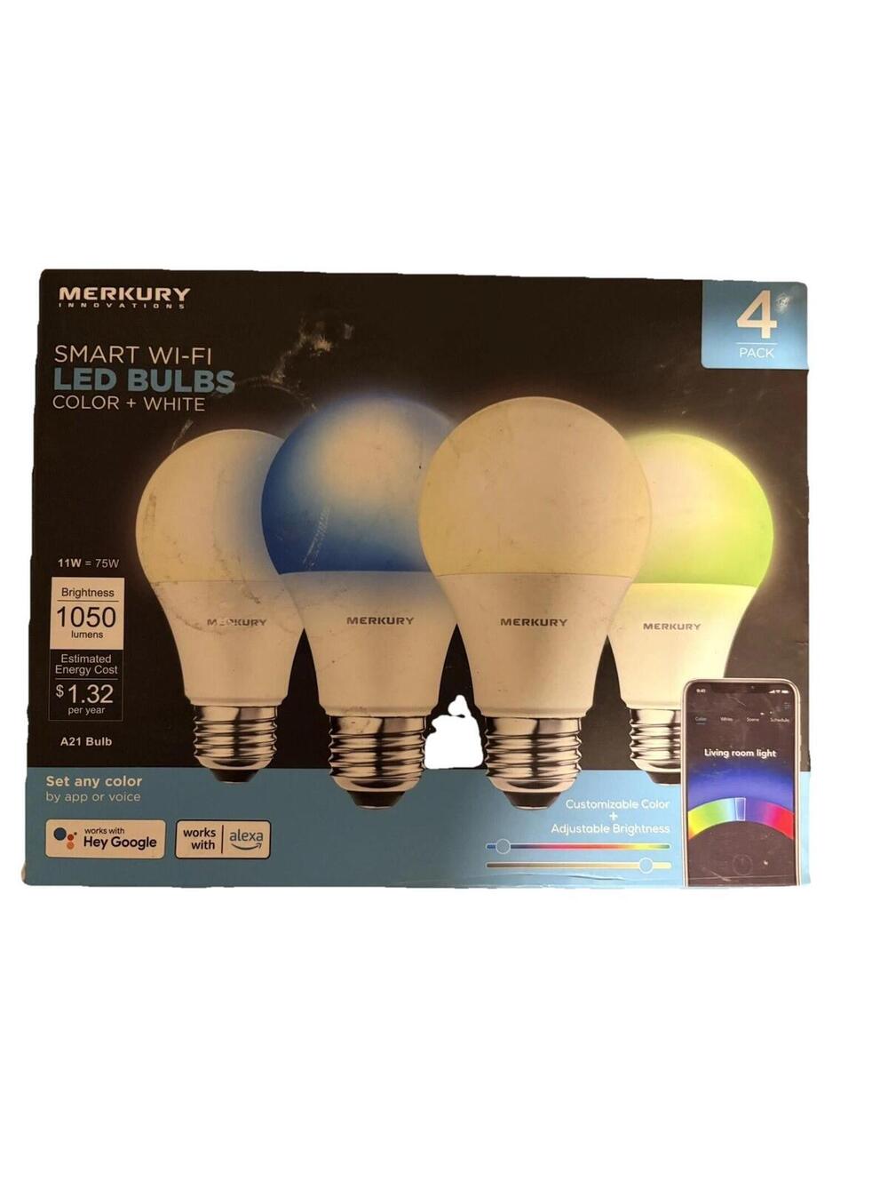 Merkury Smart Wi-Fi LED Multicolor A21 Bulbs 4-Pack, 1050 lm, Alexa/Google
